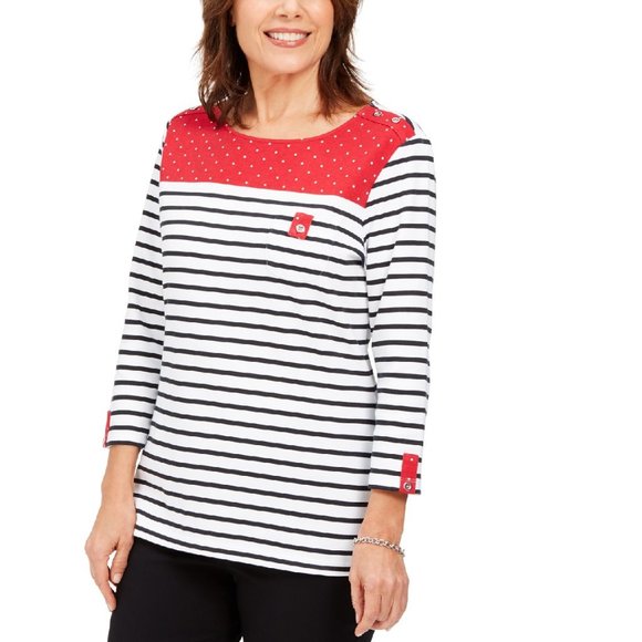 Catalog Classics Women/'s Black /& White Stripe Top Keyhole Neckline Pink Accents